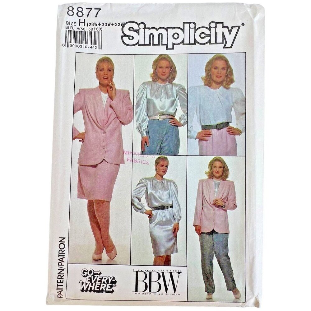 1988‎ Plus Size Simplicity Sewing Pattern 8877 Blouse Jacket Pant 28W 30W 32W UC
